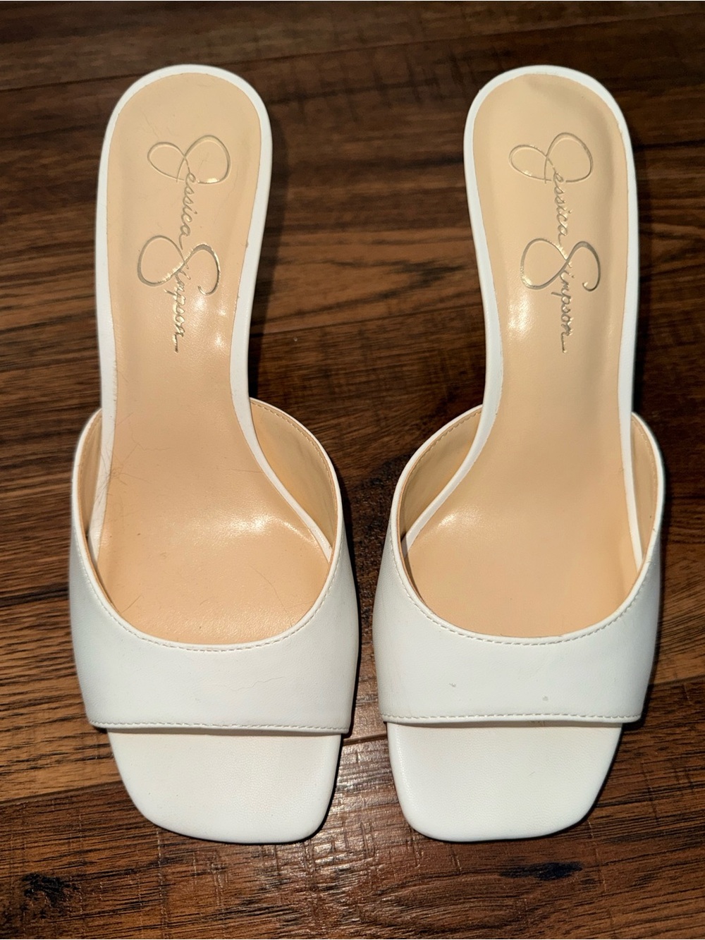 Jessica Simpson White Square-Toe Slide Heels